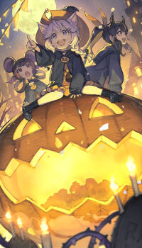 Rule 34 | 3girls, absurdres, animal ears, black hair, black shoes, black socks, bow, braid, bunting, candle, candy, castle, cat ears, choker, cloak, commentary request, commission, dress, fangs, food, full moon, glasgow smile, hair bow, hair ornament, hair rings, hairclip, halloween, halloween costume, hat, head wings, hide (hideout), highres, hood, hooded cloak, jack-o'-lantern, moon, mouse ears, multicolored hair, multiple girls, night, open mouth, orange dress, original, pointing, ponytail, pumpkin, purple eyes, purple hair, red hair, round teeth, shoes, sitting, skeb commission, socks, streaked hair, teeth, thorns, tombstone, wings, witch hat