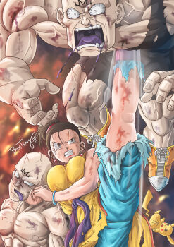 1girl 2boys angry bald bare_shoulders black_eyes black_hair blood blood_on_body blood_on_face blood_on_leg blood_on_shoulder blood_on_teeth bracelet breasts chi-chi_(dragon_ball) colored_tongue crossover dragon_ball dragonball_z dried_blood earrings fighting gen_1_pokemon highres jewelry kicking large_breasts leg_up martial_arts multiple_boys muscular muscular_arms muscular_legs muscular_male neck_hold nintendo nosebleed pectorals pikachu pokemon purple_tongue spopovich tagme tongue tongue_out torn_clothes veins