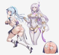 Rule 34 | 1girl, 2girls, absurdres, ahoge, anal fingering, ass, ass focus, attack of the hatogod, blue dress, blue eyes, blue hair, blue nails, bodysuit, breasts, censored, closed mouth, dress, fingering, full body, grey background, hare (honkai impact), high heels, highres, holding, holding whip, honkai (series), honkai impact 3rd, horns, juliet sleeves, large breasts, long hair, long sleeves, looking at viewer, looking back, mosaic censoring, multiple girls, multiple views, nail polish, nipples, puffy sleeves, purple eyes, purple sleeves, pussy, shigure kira, simple background, single horn, single thighhigh, spanking, thighhighs, torn clothes, torn dress, very long hair, white bodysuit, white footwear, white hair, white thighhighs