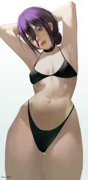 1girl absurdres arms_up bikini black_bikini black_choker blue_eyes breasts chainsaw_man choker closed_mouth hair_between_eyes hair_bun highres navel purple_hair reze_(chainsaw_man) ruuudy_(shirozu07) simple_background small_breasts solo swimsuit white_background