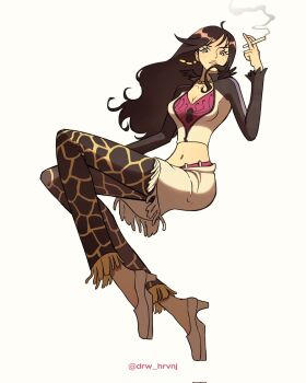 Rule 34 | 1girl, aged down, black hair, cigarette, commentary, drw hrvnj, eyelashes, full body, highres, holding, holding cigarette, long hair, midriff, navel, one piece, pants, shakuyaku (one piece), shoes, simple background, smoke, solo, white background, white shoes