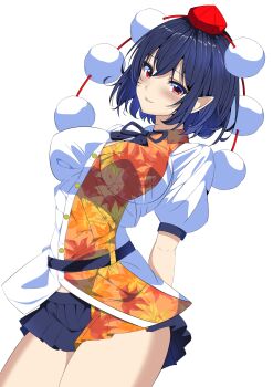 1girl arched_back arms_behind_back belt black_belt black_hair black_ribbon black_skirt breasts buttons closed_mouth collared_shirt commentary_request cowboy_shot dutch_angle hat highres kitaura_kasumi large_breasts leaf_print maple_leaf_print miniskirt neck_ribbon pleated_skirt pointy_ears puffy_short_sleeves puffy_sleeves red_eyes red_hat ribbon shameimaru_aya shirt short_hair short_sleeves simple_background skirt smile solo thighs tokin_hat touhou white_background white_shirt