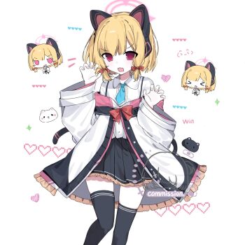 >_< 1girl :p animal_ear_headphones animal_ears black_skirt black_thighhighs blonde_hair blue_archive blue_necktie blush bow buttons cat_ear_headphones cat_ears chibi chibi_inset chinese_commentary claw_pose collared_shirt commentary_request commission fake_animal_ears feet_out_of_frame frilled_jacket frilled_skirt frills hair_bow halo hands_up headphones heart heichuanze jacket long_sleeves looking_at_viewer lossy-lossless low-tied_sidelocks momoi_(blue_archive) multicolored_jacket necktie off_shoulder open_mouth parted_bangs pink_eyes pink_halo pink_jacket pleated_skirt red_bow shirt short_hair sidelocks simple_background skirt smile sparkle suspender_skirt suspenders thighhighs tongue tongue_out unbuttoned v-shaped_eyebrows watermark white_background white_jacket white_shirt wide_sleeves