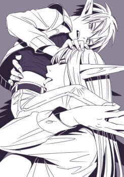 1boy 1girl gr178rg hekido_(tora_wa_ryuu_wo_mada_tabenai.) hetero jacket licking monochrome pants pointy_ears shirt size_difference tora_wa_ryuu_wo_mada_tabenai.