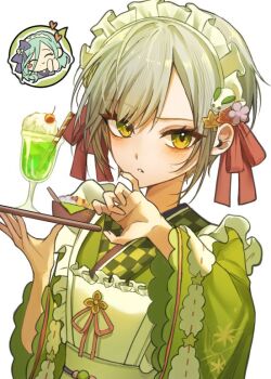 Rule 34 | 2girls, apron, commentary request, dutch angle, food, frilled apron, frills, green eyes, green kimono, grey hair, hair ribbon, heart, hinomori shiho, hinomori shizuku, holding, holding tray, ice cream, ice cream float, japanese clothes, kimono, kudamono39, looking at viewer, maid apron, maid headdress, mata konoha no irozuku koro ni (project sekai), melon soda, multiple girls, official alternate costume, parted lips, project sekai, red ribbon, ribbon, short hair, siblings, simple background, sisters, solo focus, spoken character, tray, upper body, white apron, white background