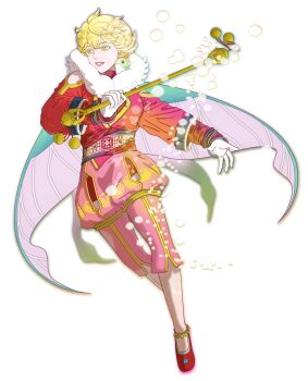 aicosma anklet bare_shoulders baten_kaitos bell blonde_hair bracelet capri_pants commentary_request greythorne highres holding_baton jewelry long_sleeves looking_to_the_side pants pink_shorts puffy_shorts red_shirt red_shoes ritual_baton shirt shoes shorts wings xelha_(baten_kaitos) yellow_eyes
