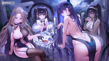 4girls absurdres ass black_hair blonde_hair blue_eyes breasts brown_dust_(series) brown_dust_2 commentary_request cup darian_silverstein dark-skinned_female dark_skin dress hair_over_one_eye highres large_breasts lemonpear long_hair looking_at_another looking_at_viewer multicolored_hair multiple_girls nekyndalia official_alternate_costume official_art palette_(brown_dust) pink_eyes purple_eyes purple_hair revealing_clothes second-party_source sonya_(brown_dust) table teacup thighs very_long_hair