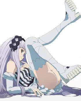 1girl absurdres bare_shoulders black_bow black_hair black_nails bow breasts cleavage collar commentary_request dress fate/strange_fake fate_(series) francesca_prelati_(fate) frilled_collar frills full_body grey_hair hair_bow highres leg_up long_hair long_sleeves looking_at_viewer panties shoes simple_background smile solo striped_clothes striped_dress underwear vertical-striped_clothes vertical-striped_dress wasabi_(user_kzex3387) white_background white_panties white_shoes white_sleeves