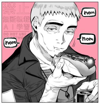 1boy border can cheekbones eating english_text food greyscale_with_colored_background holding holding_can holding_food hot_dog jacket jewelry looking_at_viewer male_focus nanu_(pokemon) nazuka_jyo nintendo old old_man open_clothes open_jacket pendant pink_background pokemon pokemon_sm short_hair simple_background solo sound_effects watermark white_border z-crystal