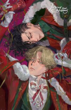 Rule 34 | 2boys, alternate costume, black hair, blonde hair, blue eyes, bow, bowtie, burn scar, cape, closed mouth, collared shirt, commentary request, curtained hair, earrings, eyeliner, fur-trimmed cape, fur trim, gloves, green cape, green shirt, hachiaka3, highres, inui seishu, jacket, jewelry, kokonoi hajime, looking at viewer, makeup, male focus, multiple boys, necktie, red cape, red gloves, red jacket, scar, scar on face, shirt, short hair, suit jacket, tokyo revengers, twitter username, undercut, white gloves