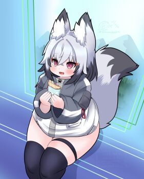 1girl :3 animal_ear_fluff animal_ears black_hair black_thighhighs blush borrowed_character bottomless coat crepe crossed_bangs fangs food grey_coat hair_between_eyes holding holding_crepe holding_food legs_together medium_hair mutlicolored_hair open_mouth original pink_eyes plump sitting skindentation smile solo ssssvvvvpppp291 thick_thighs thigh_strap thighhighs thighs white_hair