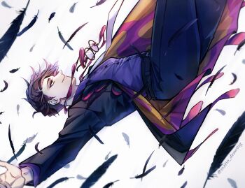 1boy belt black_belt black_coat black_pants buttons coat collared_shirt commentary commentary_request corbeau_(pokemon) english_commentary falling_feathers feathers floating_hair glasses highres lapels layered_sleeves long_sleeves male_focus mario_(2669431) mixed-language_commentary nintendo no_eyewear outstretched_arms pants parted_lips pokemon pokemon_legends:_z-a purple_coat purple_hair purple_shirt round_eyewear shirt shirt_tucked_in short_hair solo twitter_username two-sided_coat two-sided_fabric unworn_eyewear wing_collar