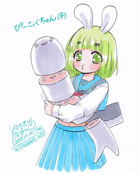 1girl animal animal_ears blue_sailor_collar blue_skirt commentary_request cowboy_shot dated fish green_eyes green_hair holding holding_animal holding_fish long_sleeves looking_at_viewer medium_hair neckerchief original pleated_skirt puckered_lips rabbit_ears red_neckerchief sacabambaspis sailor_collar school_uniform serafuku shirt signature simple_background skirt solo standing translation_request tsuchiki_kazutoshi white_background white_shirt