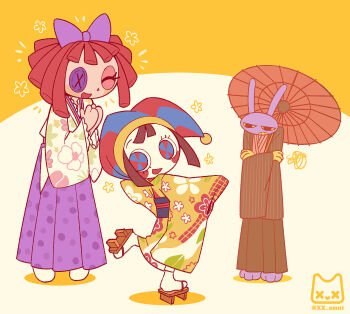 Rule 34 | 1boy, 2girls, artist logo, blue eyes, blush stickers, bow, brown hair, button eyes, buttons, closed eyes, commentary request, crossed arms, geta, hair bow, hakama, hakama skirt, haori, hat, highres, holding, holding umbrella, japanese clothes, jax (the amazing digital circus), jester cap, jitome, kimono, korean commentary, logo, long sleeves, looking back, multicolored eyes, multiple girls, new year, obi, oil-paper umbrella, open mouth, own hands together, pomni (the amazing digital circus), purple fur, rabbit boy, ragatha (the amazing digital circus), red eyes, red hair, sash, short hair, skirt, smile, socks, squiggle, standing, standing on one leg, the amazing digital circus, umbrella, wide sleeves, xx amni
