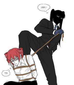 Rule 34 | 2girls, absurdres, another cup (synthesizer v), bdsm, bilingual text, black jacket, black pants, black skin, black suit, blue gloves, blue necktie, colbab187, collared shirt, colored skin, commentary request, dress shirt, drill hair, english text, foot out of frame, formal clothes, glasses, gloves, hatsune miku, highres, jacket, kasane teto, korean commentary, korean text, lapels, mixed-language text, multiple girls, necktie, pants, red hair, rope, rope pull, shibari, shirt, simple background, sitting, standing, stepped on, stepping on another's back, suit, suit jacket, twin drills, twintails, utau, vocaloid, white background, yuri