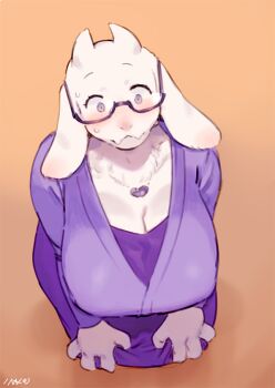 1girl alternate_costume animal_ears artist_name bebebe blush breasts cleavage closed_mouth collarbone constricted_pupils dress fangs female_focus from_above full_body furry furry_female glasses goat_ears gradient_background hands_on_own_knees heart heart_necklace horns huge_breasts jewelry kneeling long_sleeves looking_up mature_female necklace nose_blush orange_background purple-framed_eyewear purple_dress purple_eyes purple_sweater seiza signature simple_background sitting solo sweat sweater toriel undertale utdr_(toby_fox)