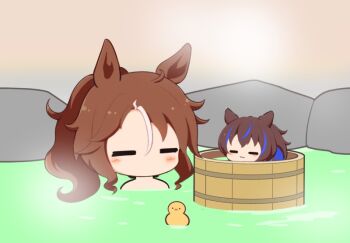 Rule 34 | 2girls, :3, animal ears, bathing, blue hair, blush, brown hair, chibi, chibi only, closed eyes, closed mouth, commentary request, daitaku helios (umamusume), gomashio (goma feet), horse ears, horse girl, long hair, mejiro palmer (umamusume), multicolored hair, multiple girls, no mouth, onsen, ponytail, rubber duck, two-tone hair, umamusume, white hair