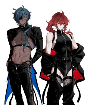 2boys abs alternate_costume black_pants blue_hair closed_mouth commentary dark-skinned_male dark_skin diluc_(genshin_impact) eyepatch full-length_zipper genshin_impact hair_between_eyes hand_in_pocket hashtag-only_commentary highres kaeya_(genshin_impact) long_hair looking_at_viewer male_focus multiple_boys navel_piercing pants partially_unzipped piercing ponytail red_eyes red_hair revealing_clothes simple_background sleeveless standing stomach toned toned_male white_background zehuij zipper zipper_pull_tab