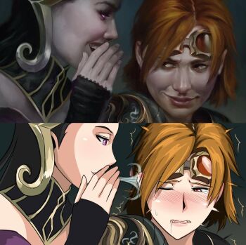 2girls armor black_hair blowing_in_ear blurry blurry_background blush chandra_nalaar dress ear_blush filigree goggles goggles_on_head headpiece liliana_vess long_hair looking_at_another magic:_the_gathering mixed-language_commentary multiple_girls one_eye_closed open_mouth orange_hair pale_skin parody pauldrons purple_dress red_hair red_wingp2 reference_work short_hair shoulder_armor strapless strapless_dress tearing_up trembling very_long_hair whispering