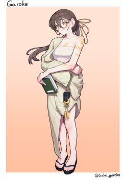 Rule 34 | 1girl, absurdres, arm tattoo, artist name, black sandals, book, border, breasts, brown hair, brown kimono, chest sarashi, cleavage, closed mouth, commentary, commission, double-parted bangs, english commentary, flip-flops, full body, glasses, gradient background, hair between eyes, highres, holding, holding book, japanese clothes, kimono, large breasts, long bangs, long hair, looking at viewer, orange background, original, ponytail, round eyewear, sake goroke, sandals, sarashi, smile, solo, standing, tattoo, toes, twitter username, undressing, white border, yellow-framed eyewear, yellow eyes