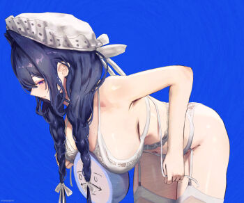 1girl absurdres bent_over blue_background blue_eyes blue_hair bra braid breasts clock closed_mouth commentary english_commentary erasorpepero eyelashes frilled_hat frills from_side garter_belt garter_straps hair_between_eyes hair_intakes hat highres hololive hololive_english kronie_(ouro_kronii) lace lace_bra large_breasts lingerie long_hair low_twin_braids maid maid_headdress navel official_alternate_costume official_alternate_hairstyle ouro_kronii ouro_kronii_(maid) pink_pupils sideboob simple_background solo twin_braids underwear underwear_only undressing virtual_youtuber white_garter_straps