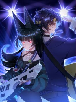 Rule 34 | 1boy, 1girl, alternate costume, animal ear fluff, animal ears, arm up, artist name, asaba harumasa, back-to-back, black hair, black necktie, blue jacket, bow, closed mouth, collar, collarbone, commentary, electric guitar, english commentary, fox ears, fox girl, green bow, green shirt, guitar, headband, highres, holding, holding instrument, holding plectrum, hoshimi miyabi, instrument, jacket, jewelry, keytar, klaivre p, long hair, looking at viewer, music, necklace, necktie, parted bangs, parted lips, playing instrument, plectrum, red eyes, shirt, short hair, smile, sparkle, sparkling eyes, spiked collar, spikes, striped clothes, striped shirt, white shirt, yellow eyes, yellow headband, zenless zone zero
