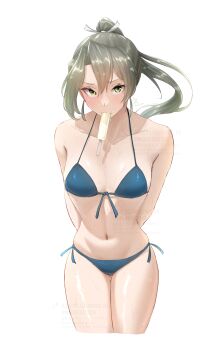 Rule 34 | 1girl, absurdres, arms behind back, bikini, blue bikini, breasts, commentary request, cropped legs, food, food in mouth, front-tie bikini top, front-tie top, gluteal fold, green eyes, green hair, hair ribbon, highres, kantai collection, long hair, looking at viewer, melting popsicle, navel, official alternate hairstyle, ponytail, popsicle, popsicle in mouth, revision, ribbon, shushan, side-tie bikini bottom, simple background, small breasts, solo, stomach, string bikini, sweat, swimsuit, white ribbon, zuikaku (kancolle), zuikaku (swimsuit) (kancolle), zuikaku kai ni (kancolle)