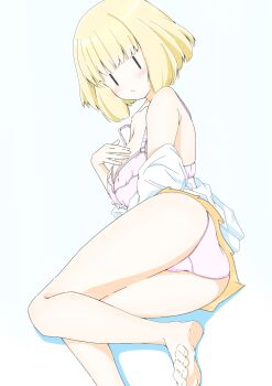 1girl ass azuminonomizua black_eyes blonde_hair bra breasts closed_mouth crotch_seam foot_out_of_frame hand_on_own_chest highres large_breasts light_blush looking_at_viewer lying on_side open_clothes open_shirt panties pink_bra pink_panties shirt short_hair simple_background skirt solo uchi_emiri underwear upskirt watashi_ga_motenai_no_wa_dou_kangaetemo_omaera_ga_warui! white_background white_shirt yellow_skirt |_|