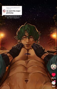 1boy abs bara bare_pectorals dark-skinned_male dark_skin from_below green_hair half-closed_eyes highres jacket jacket_partially_removed joe_(sk8) large_pectorals male_focus meme muscular muscular_male navel nipples off_shoulder pectoral_squeeze pectorals perspective photo-referenced seductive_smile short_hair sk8_the_infinity smile solo thick_eyebrows umikochannart veiny_crotch we_want_the_major_pectussy_(meme)