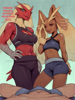 1boy 2girls abs animal_ears animal_nose beak bird_girl black_sclera black_sports_bra blaziken blonde_hair blue_eyes blue_sports_bra body_fur breasts brown_fur claws colored_sclera commentary commission english_text flirting furry furry_female furry_with_non-furry gen_3_pokemon gen_4_pokemon hand_on_own_hip highres interspecies long_hair looking_at_viewer lopunny multiple_girls navel neck_fur nintendo ojou-sama_pose open_mouth pinktaco pokemon pokephilia rabbit_ears rabbit_girl red_eyes red_fur smile sports_bra standing two-tone_fur yellow_fur yellow_sclera