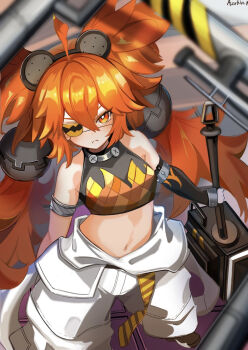1girl ahoge animal_ears azuki_pii bare_shoulders bear_ears black_gloves breasts crop_top eyepatch fake_animal_ears fingerless_gloves gloves hair_between_eyes hair_ornament highres holding koleda_belobog long_hair looking_at_viewer midriff navel pants red_eyes red_hair solo sphere_hair_ornament twintails zenless_zone_zero