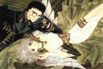 1boy 1girl absurdres androgynous black_hair bob_cut choker clamp clover clover_(manga) corset eyebrows four-leaf_clover glasses gloves green_eyes green_theme highres legs lips lying marker_(medium) official_art ryu_f._kazuhiko scan scan_artifacts see-through_clothes short_hair silver_hair steampunk suu_(clover) traditional_media