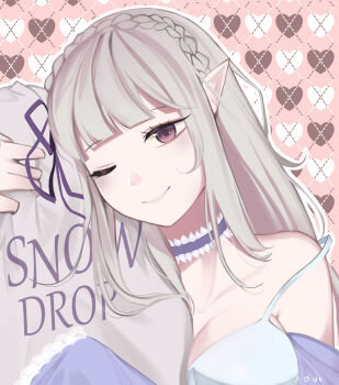 aoui commentary commission emilia_(re:zero) english_commentary highres hugging_object long_hair one_eye_closed pink_eyes pointy_ears re:zero_kara_hajimeru_isekai_seikatsu simple_background single_bare_shoulder smile white_hair