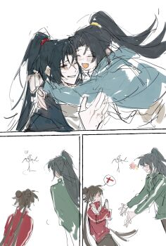 1girl 3boys black_hair blue_jacket brother_and_sister brothers brown_hair daguanyuan&#039;s_jia_huan_(project_moon) double_bun green_jacket hair_bun high_ponytail highres hong_lu_(project_moon) hug jacket jia_huan_(project_moon) jia_xichun_(project_moon) jingshenhuanghu limbus_company long_hair long_sleeves multiple_boys ponytail project_moon red_jacket siblings track_jacket twintails very_long_hair