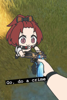 Rule 34 | 2girls, black ribbon, chibi, chixia (wuthering waves), female rover (wuthering waves), gloves, go do a crime (meme), grass, gun, highres, holding, holding gun, holding weapon, meme, multiple girls, nyangtofu, partially fingerless gloves, pov, red hair, ribbon, rover (wuthering waves), weapon, wuthering waves