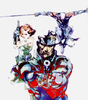 1girl 2boys aiming aiming_at_viewer an/peq-6 bandana brown_hair cropped_legs desert_eagle flashlight gray_fox_(metal_gear) gun h&amp;k_mark_23 handgun heckler_&amp;_koch high-frequency_blade highres insight_technology kac_mk23_suppressor knight&#039;s_armament_company konami laser_aiming_module laser_pointer laser_sight match_grade match_grade_firearm match_grade_pistol meryl_silverburgh metal_gear_(series) metal_gear_solid multiple_boys ninja offensive_handgun official_art shinkawa_youji sneaking_suit solid_snake suppressor sword tactical_light tank_top weapon