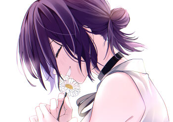 1girl absurdres black_choker black_ribbon chainsaw_man choker closed_mouth flower grin hair_bun highres holding holding_flower lllou_illust medium_hair neck_ribbon reze_(chainsaw_man) ribbon shirt simple_background sleeveless sleeveless_shirt smile solo teeth white_background white_flower white_shirt