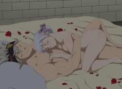 Rule 34 | ass, asta, bad tag, bed, bed sheet, bedroom, black clover, blush, cuddling, hair ribbon, head on chest, headband, holding partner, night, noelle silva, nude, petals, pillow, ribbon, rose petals, smile, twintails, valentine&#039;s day