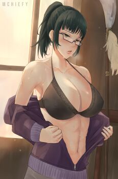 1girl abs absurdres black_bra black_hair blush bra breasts collarbone exercising glasses heavy_breathing highres jujutsu_kaisen large_breasts mchiefy medium_hair naginata polearm ponytail purple_sweater solo sweat sweater underwear undressing weapon window yellow_eyes zen'in_maki zipper zipper_pull_tab
