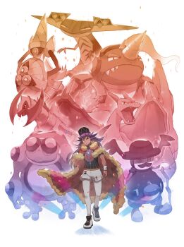 1boy absurdres aegislash baseball_cap bright_pupils cape champion_uniform charizard closed_mouth commentary_request dark-skinned_male dark_skin dragapult facial_hair fur-trimmed_cape fur_trim gen_1_pokemon gen_4_pokemon gen_5_pokemon gen_6_pokemon gen_8_pokemon hat haxorus highres leggings leon_(pokemon) long_hair male_focus mr._rime nintendo odd_(hin_yari) pokemon pokemon_(creature) pokemon_swsh purple_hair red_cape rhyperior seismitoad shield_print shirt shoes short_shorts short_sleeves shorts smile sword_print white_legwear white_pupils white_shorts