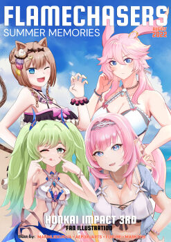 Rule 34 | ;q, absurdres, aepuru arts, animal ears, artist collaboration, beach, bikini, black bikini, blue eyes, blue jacket, blue sky, blunt bangs, breasts, brown hair, cat ears, cat girl, cleavage, commentary, cover, elf, elysia (honkai impact), elysia (miss pink elf) (honkai impact), elysia (summer miss elf) (honkai impact), english commentary, english text, fox ears, fox girl, fox tail, green hair, hairband, highres, honkai (series), honkai impact 3rd, jacket, jewelry, keita naruzawa, leaning forward, long hair, marin liekuriva, mark1019, mermaid costume, mobius (daughter of corals) (honkai impact), mobius (honkai impact), necklace, ocean, official alternate costume, official alternate hairstyle, one eye closed, pardofelis, pardofelis (midsummer collector), paw pose, pink hair, pointing, pointing at self, pointy ears, purple eyes, scrunchie, shell, shell necklace, short hair with long locks, sky, small breasts, summer, swimsuit, tail, tongue, tongue out, twintails, two-tone one-piece swimsuit, very long hair, white bikini, white hairband, wrist scrunchie, yae sakura, yae sakura (goushinnso memento), yae sakura (sakura summer)
