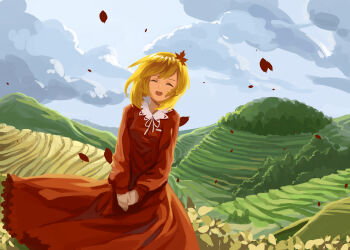 1girl :d aki_shizuha autumn_leaves blonde_hair closed_eyes cloud day dress dress_ribbon falling_leaves forest furahata_gen grass hair_ornament happy highres hill leaf leaf_hair_ornament long_dress long_sleeves nature open_mouth orange_dress own_hands_together ribbon sky smile solo standing swept_bangs terrace touhou tree white_ribbon