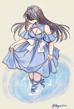 1girl artist_name bare_shoulders black_hair blue_dress blue_ribbon bow breasts cleavage cleavage_cutout closed_eyes closed_mouth clothing_cutout commentary dress english_commentary hair_ribbon highres huge_bow large_breasts long_hair original ribbon ryuuxin sadie_(ryuuxin) shoulder_cutout skirt_hold solo wading water white_bow yellow_background