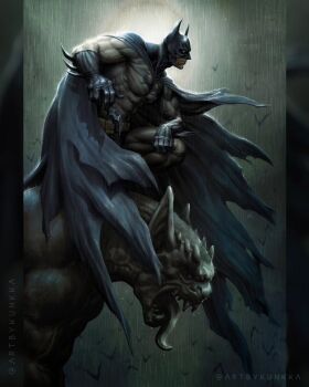 1boy bat_(animal) batarang batman batman_(series) black_gloves blue_cape bodysuit cape comic_cover commentary covered_abs covered_pectorals cowl dc_comics english_commentary floating_cape gargoyle gloves grey_background grey_bodysuit highres kunkka male_focus muscular muscular_male obliques official_art pectorals profile rain solo squatting superhero_costume taut_bodysuit twitter_username
