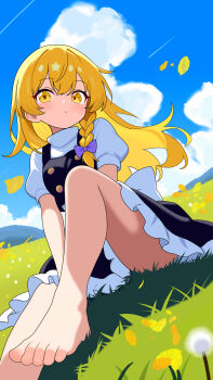 1girl absurdres barefoot black_skirt black_vest blonde_hair blue_sky bow braid cloud cloudy_sky falling_leaves feet frilled_skirt frills grasslands hair_bow highres kirisame_marisa leaf legs long_hair mountainous_horizon no_headwear on_grass on_ground purple_bow qing_zhanglao shirt short_sleeves side_braid sitting skirt sky solo toes touhou vest white_shirt yellow_eyes