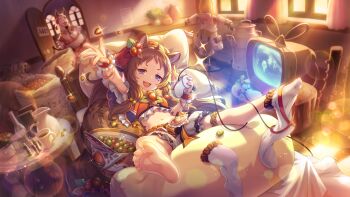 Rule 34 | 1girl, acorn, animal ears, bed, brown hair, game console, long hair, looking at viewer, lying, official art, princess connect!, purple eyes, lima (princess connect!), rin (princess connect!), socks, squirrel girl, television