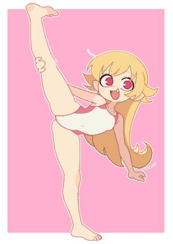absurdres alternate_costume barefoot blonde_hair border fang full_body highres jaggy_lines leg_up loli long_hair messy_hair monogatari_(series) noxtwice one-piece_swimsuit open_mouth oshino_shinobu outline outside_border pink_eyes pink_trim standing standing_on_one_leg swimsuit very_long_hair white_border white_one-piece_swimsuit white_outline wide-eyed