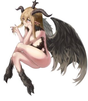 1girl baphomet_(black_souls) black_fur black_nails black_souls black_wings blue_eyes completely_nude convenient_leg crossed_legs feathered_wings full_body goat_legs heterochromia highres horns looking_at_viewer nude pointy_ears red_eyes ropeperson simple_background solo white_background wings