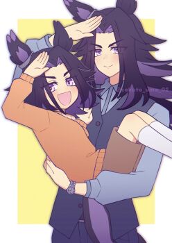 2girls aged_down animal_ears black_hair blue_pants blue_shirt blue_vest blush brown_shorts carrying carrying_person closed_mouth fenomeno_(casual)_(umamusume) fenomeno_(umamusume) flipped_hair highres horse_ears horse_girl horse_tail long_hair long_sleeves looking_at_viewer multicolored_hair multiple_girls open_mouth orange_sweater pants purple_eyes purple_hair salute shirt shorts smile socks sweater tail umamusume vest w3n6e white_socks