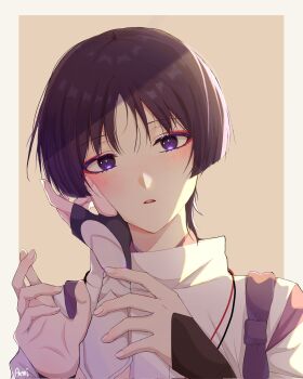 1boy armor artist_name black_gloves blunt_ends blush border bow brown_background clothing_cutout colored_eyelashes commentary english_commentary eyeliner eyeshadow female_pov fingerless_gloves fingernails genshin_impact gloves hand_on_another's_face hands_up head_tilt hetero highres japanese_armor japanese_clothes kariginu kote kurokote looking_at_viewer lumine_(genshin_impact) makeup nee_madiiiii open_mouth pink_nails portrait pov purple_bow purple_eyes red_eyeliner red_eyeshadow scaramouche_(genshin_impact) scaramouche_(kabukimono)_(genshin_impact) shoulder_cutout straight-on string tasuki teeth tsurime upper_teeth_only white_border wispy_bangs